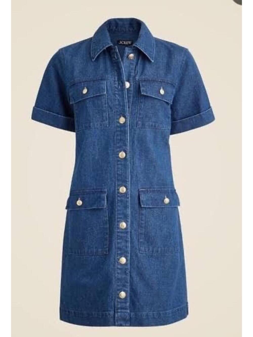 J.Crew Utility Pocket Denim Mini Dress Gold Buttons Short Sleeve Blue Size 2 - Picture 1 of 6